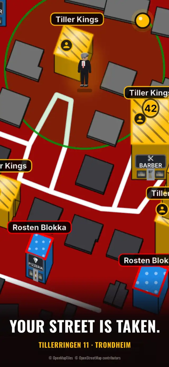 The live map: real streets, claimed and colour-coded by team